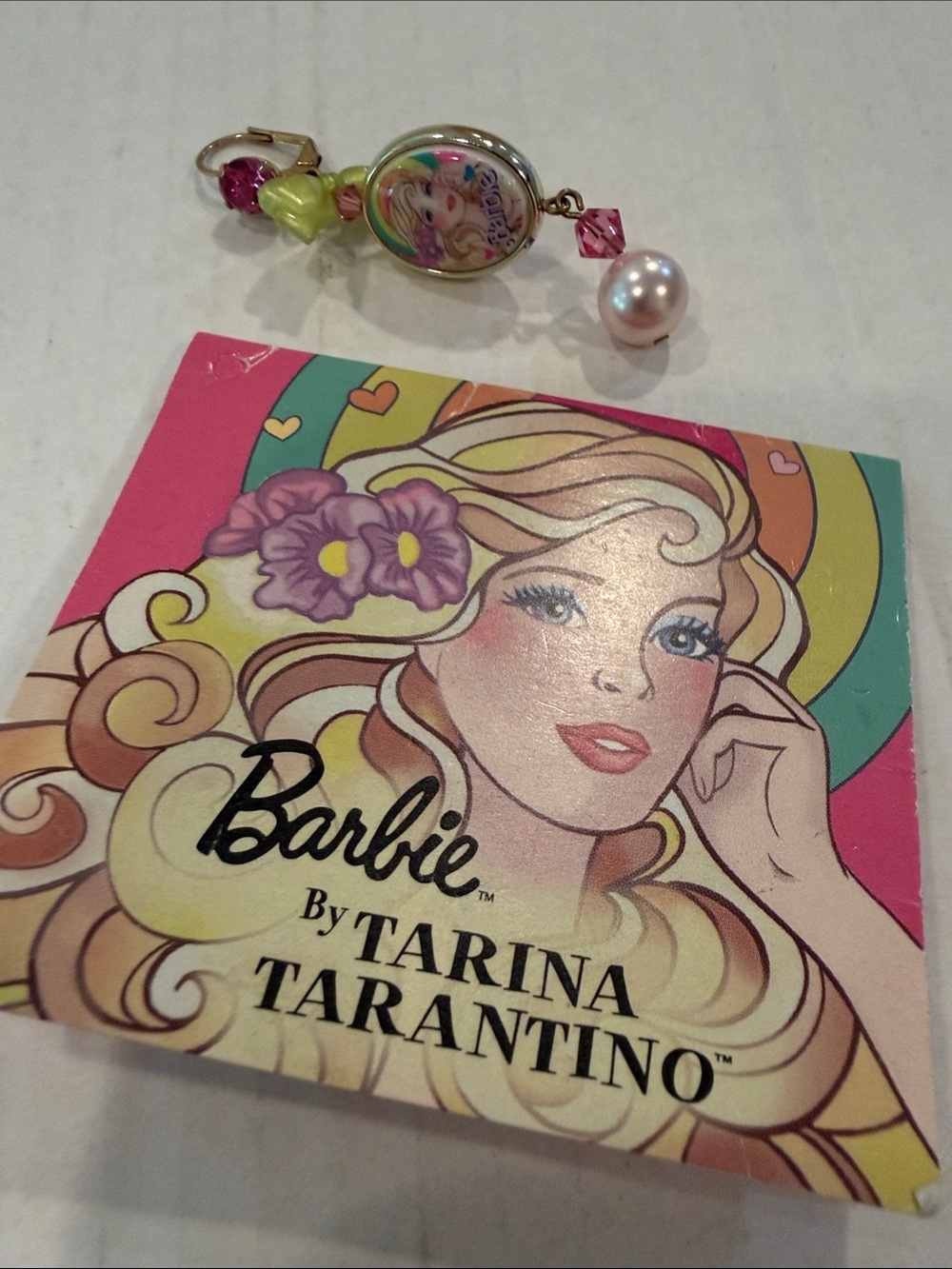 Tarina Tarantino Barbie Charm Pendant — Pink, Green, Pearl, Purple Accents